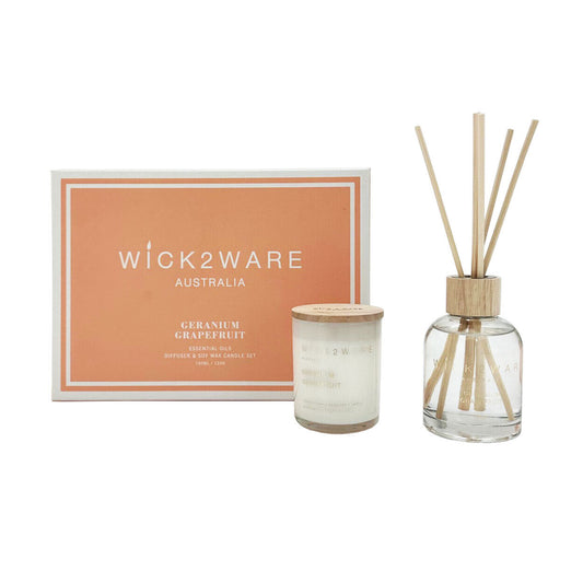 Geranium Grapefruit Essential Oils Diffuser and Soy Wax Candle Set